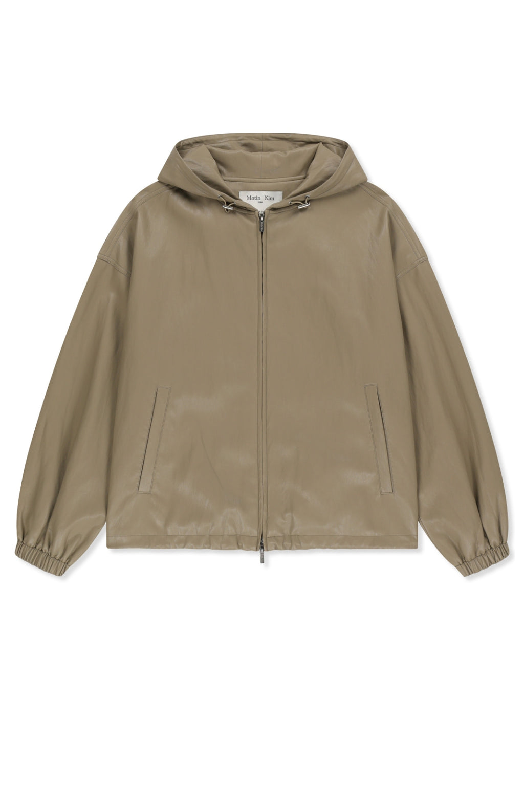 Matin Kim - Faux Leather Applique Logo Hoody Jumper (Beige) product image 1 | TRAB K-Fashion Australia