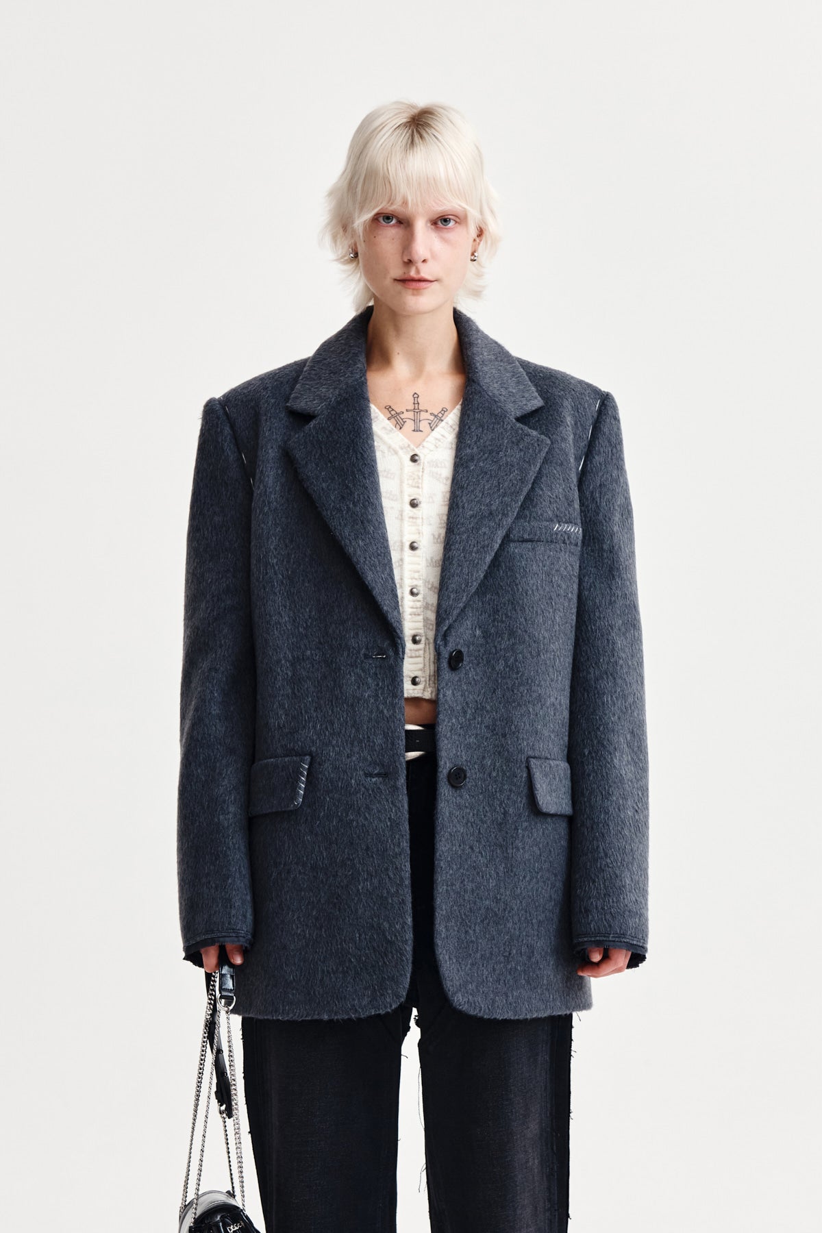Matin Kim - Hairy Overfit Stitch Single Jacket (Grey) product image 10 | TRAB K-Fashion Australia