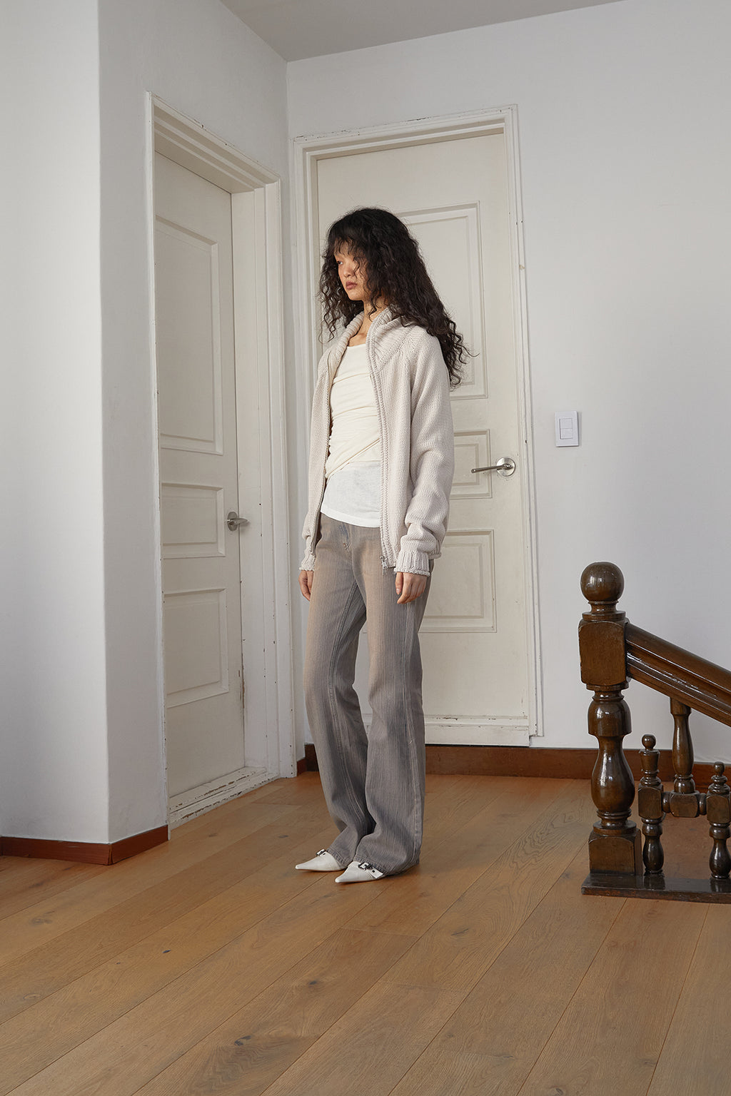 Matin Kim - Applique Logo Patch Knit Zip Up (Light Beige) product image 8 | TRAB K-Fashion Australia