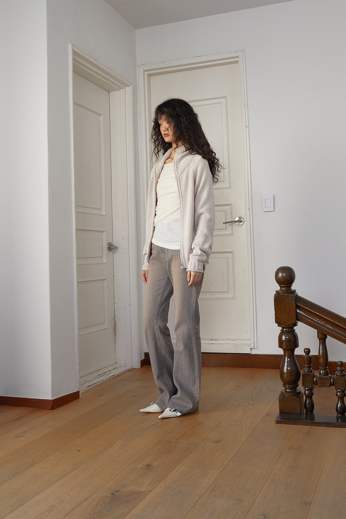 Matin Kim - Applique Logo Patch Knit Zip Up (Light Beige) product image 8 | TRAB K-Fashion Australia