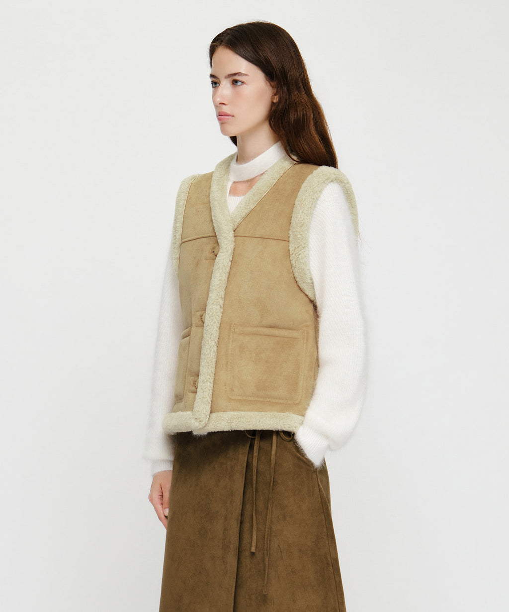 Marithe & Francois Girbaud - V-neck Shearling Vest (Beige) product image 2 | TRAB K-Fashion Australia