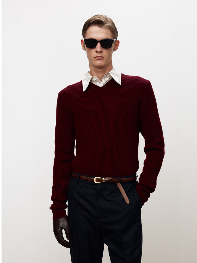 Tonywack - Super Fine Wool Ribbed V-Neck Sweater (Maroon) product image 1 | TRAB K-Fashion Australia
