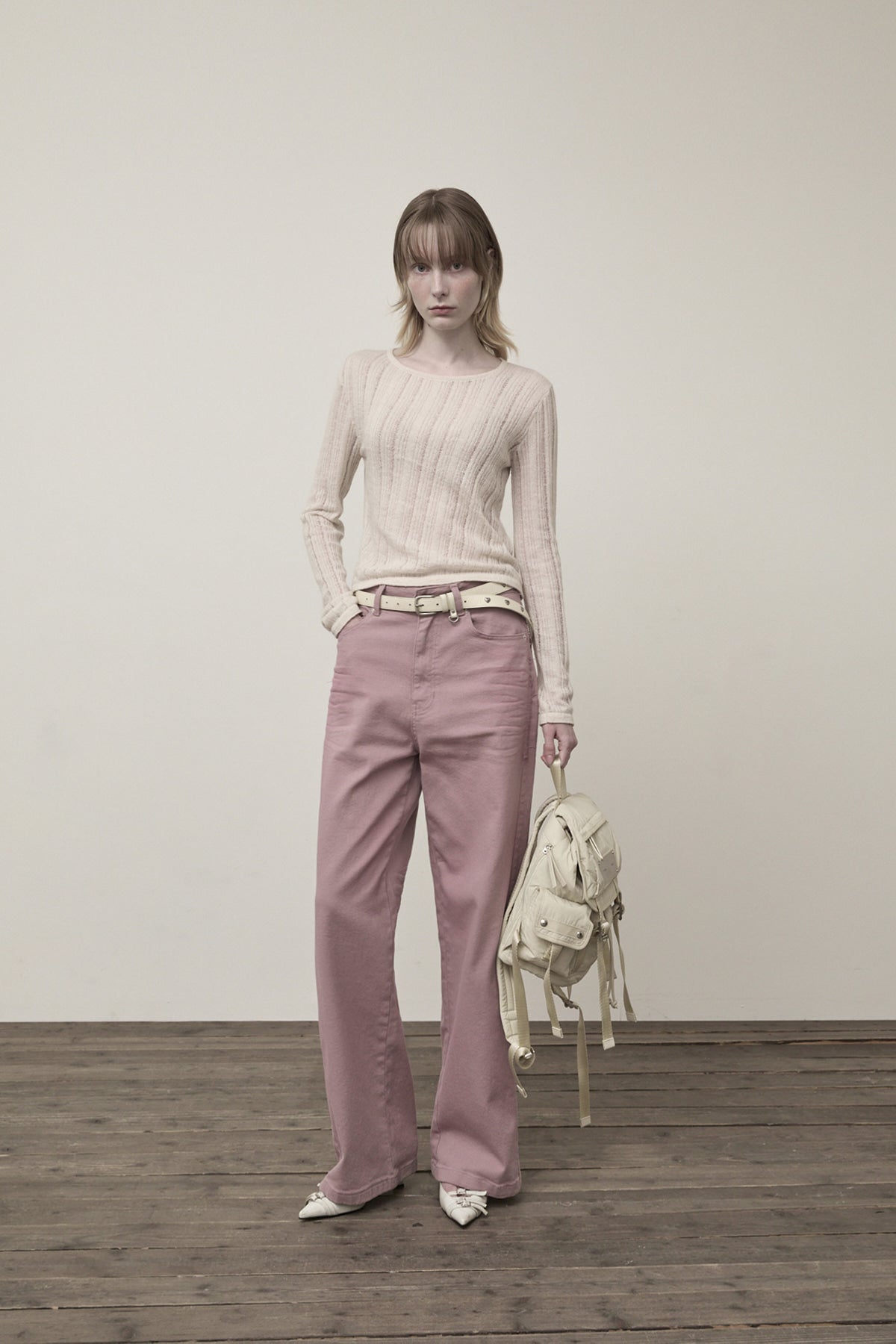 Matin Kim - Diagonal Texture Knit Top (Light Beige) product image 9 | TRAB K-Fashion Australia