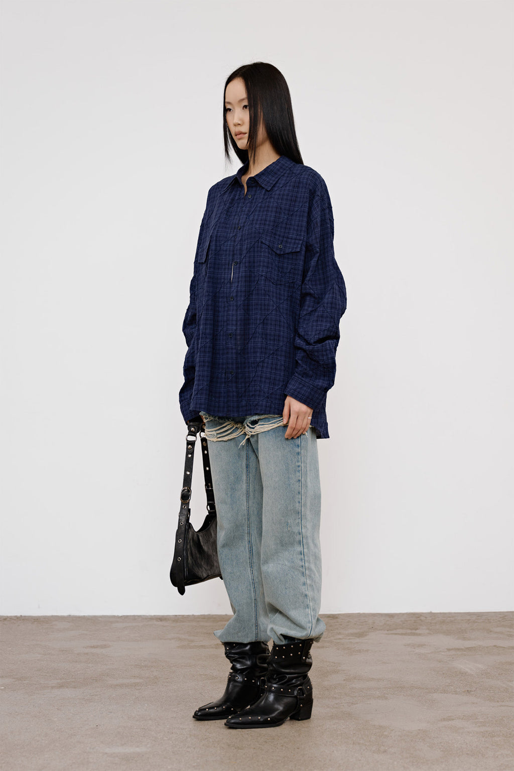 Deinet - Double Checkered Overfit Shirt (Navy) product image 2 | TRAB K-Fashion Australia