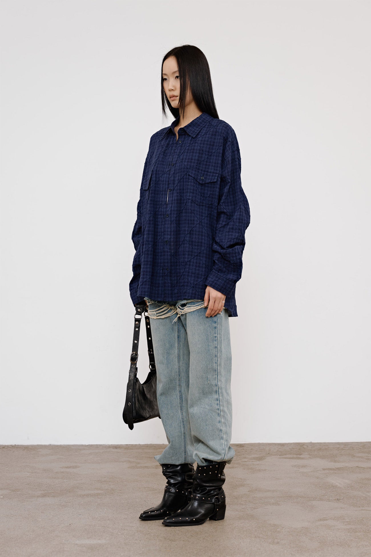 Deinet - Double Checkered Overfit Shirt (Navy) product image 2 | TRAB K-Fashion Australia