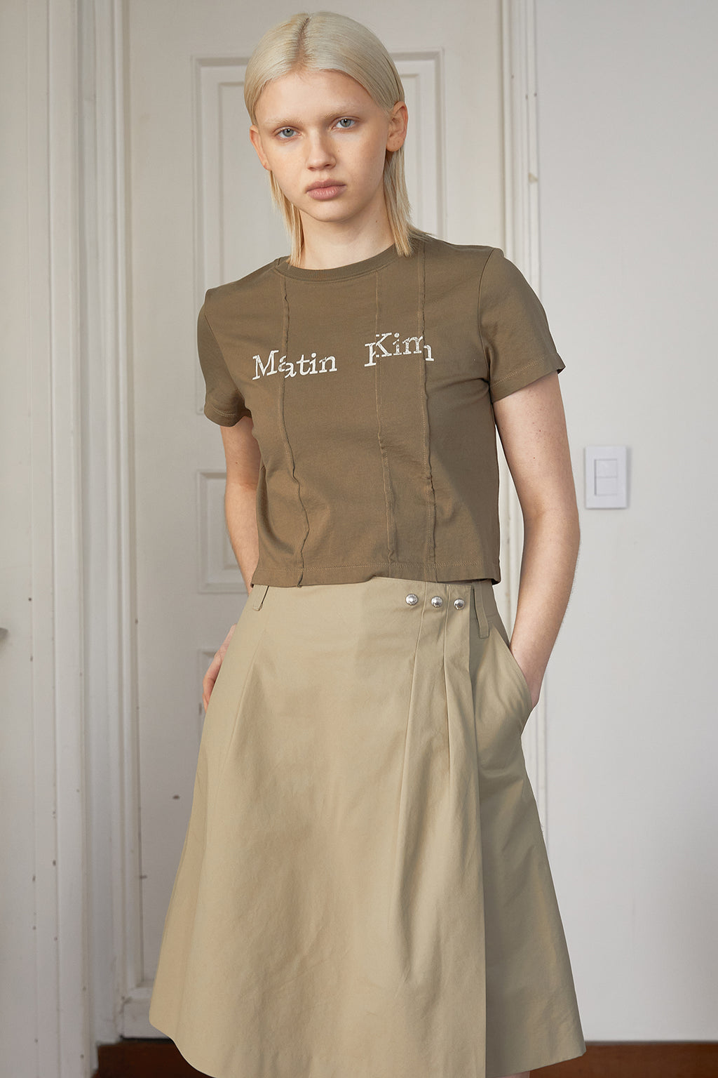 Matin Kim - Unbalance Typo Logo Crop Top (Khaki) product image 10 | TRAB K-Fashion Australia