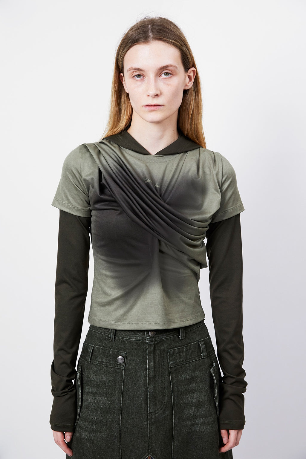 Andersson Bell - Gathered Hoodie Jersey Top (Khaki) product image 1 | TRAB K-Fashion Australia