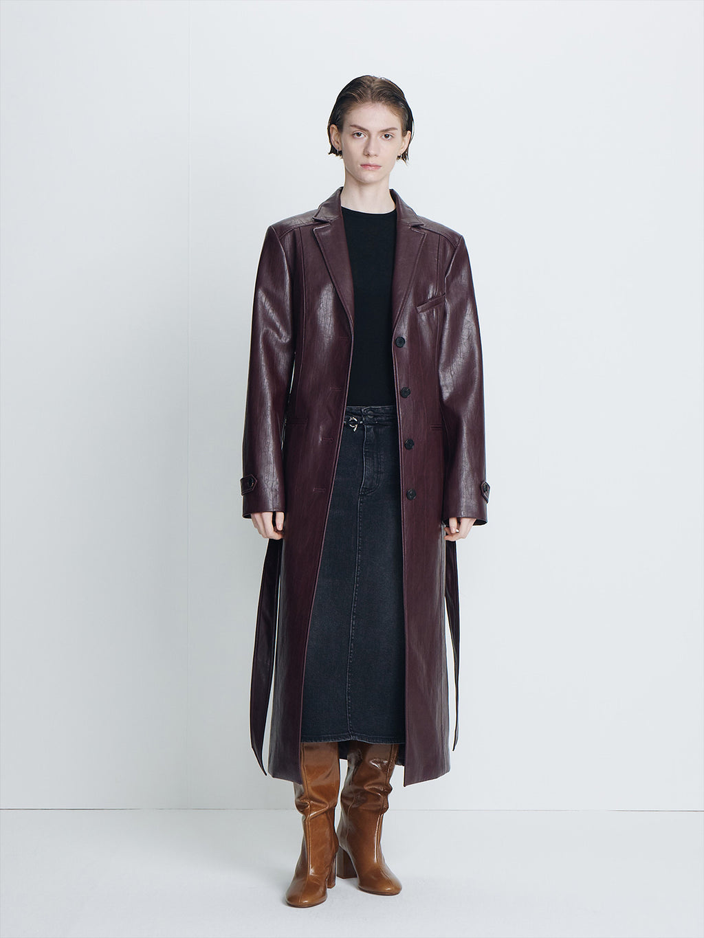 Tonywack - Faux Leather Single-Breasted Long Coat (Dark Burgundy) product image 6 | TRAB K-Fashion Australia