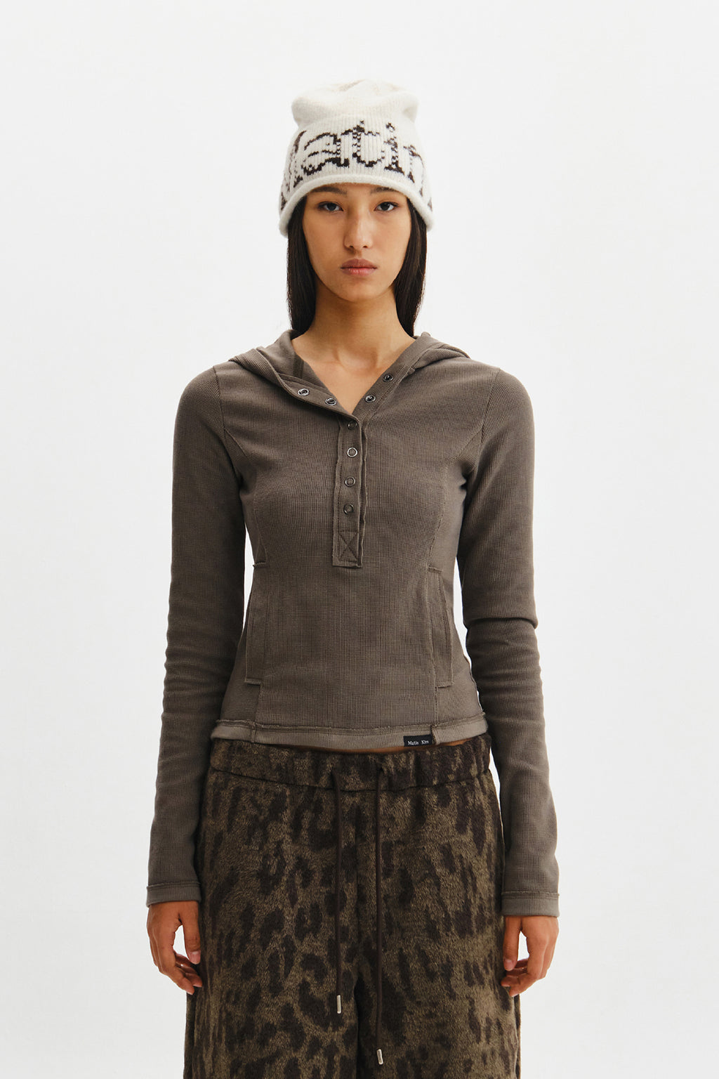 Matin Kim - Waffle Henley Neck Hood Top (Khaki) product image 12 | TRAB K-Fashion Australia