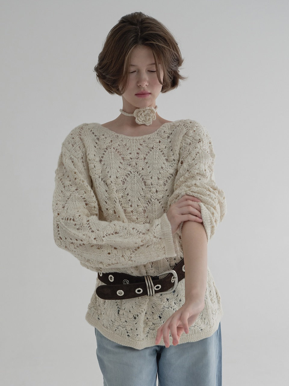 Margarin Fingers - Corsage Pointelle Pullover (Ivory) product image 1 | TRAB K-Fashion Australia