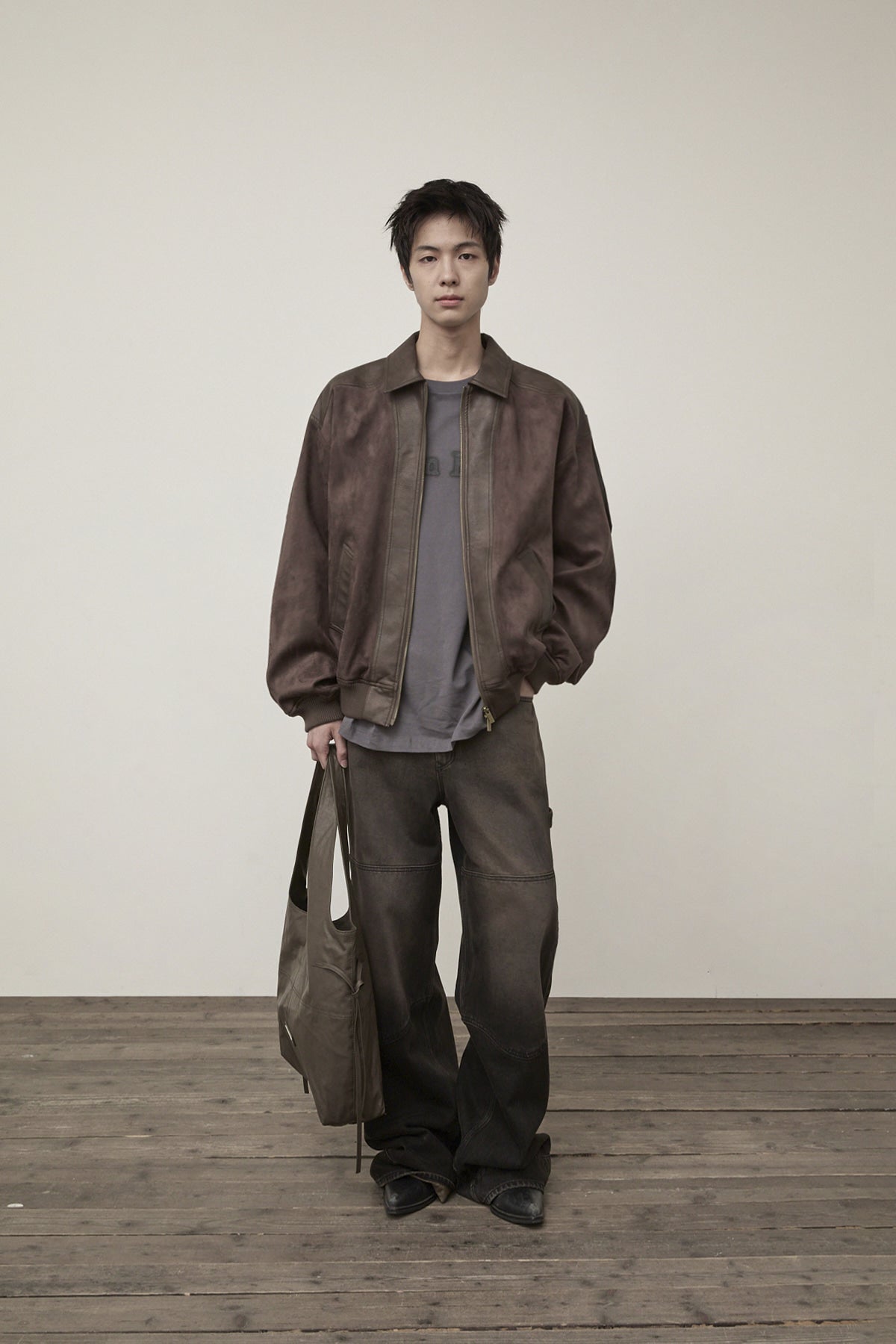 Matin Kim - Suede Mix Leather Zip Up Jumper (Brown) product image 10 | TRAB K-Fashion Australia