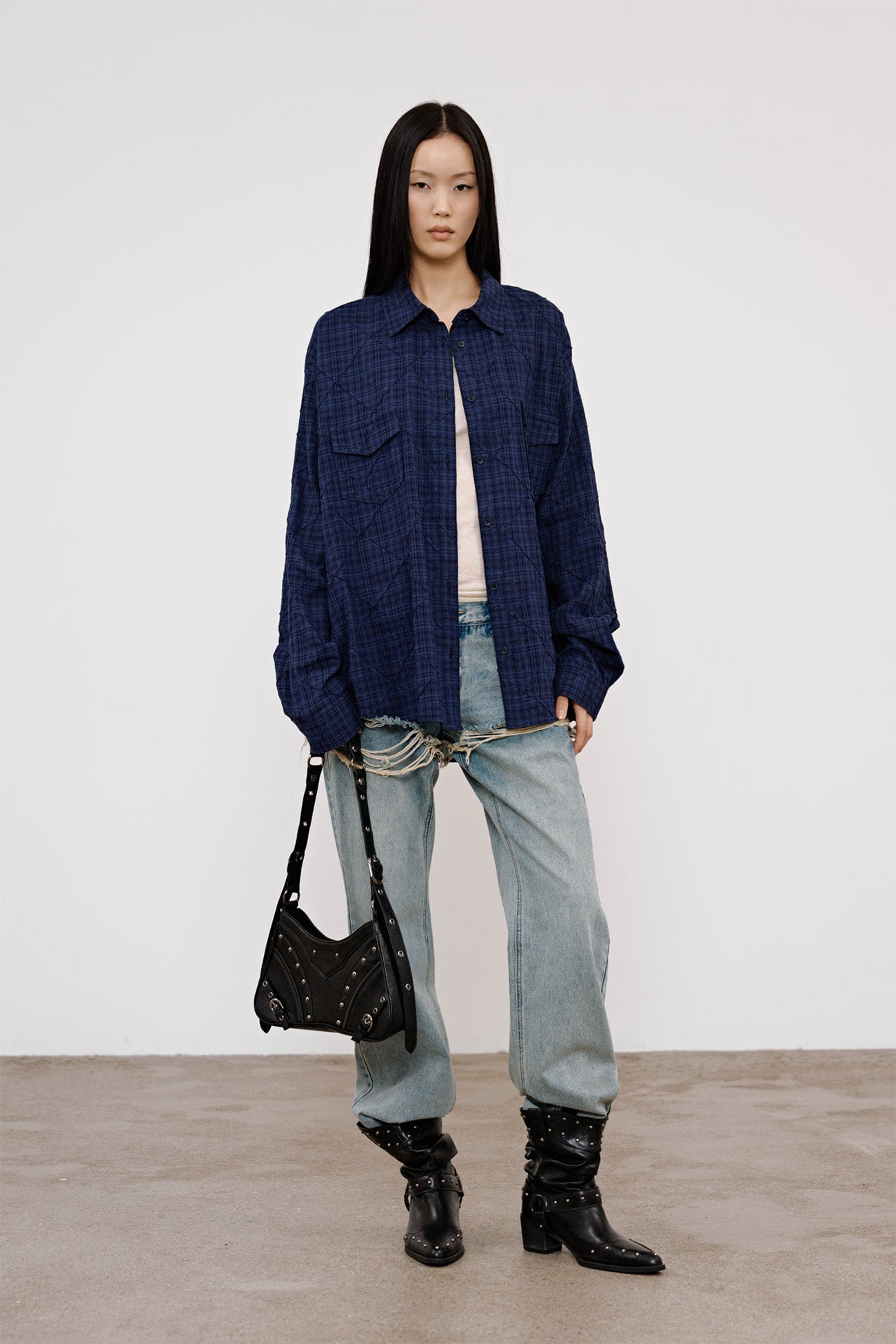 Deinet - Double Checkered Overfit Shirt (Navy) product image 4 | TRAB K-Fashion Australia