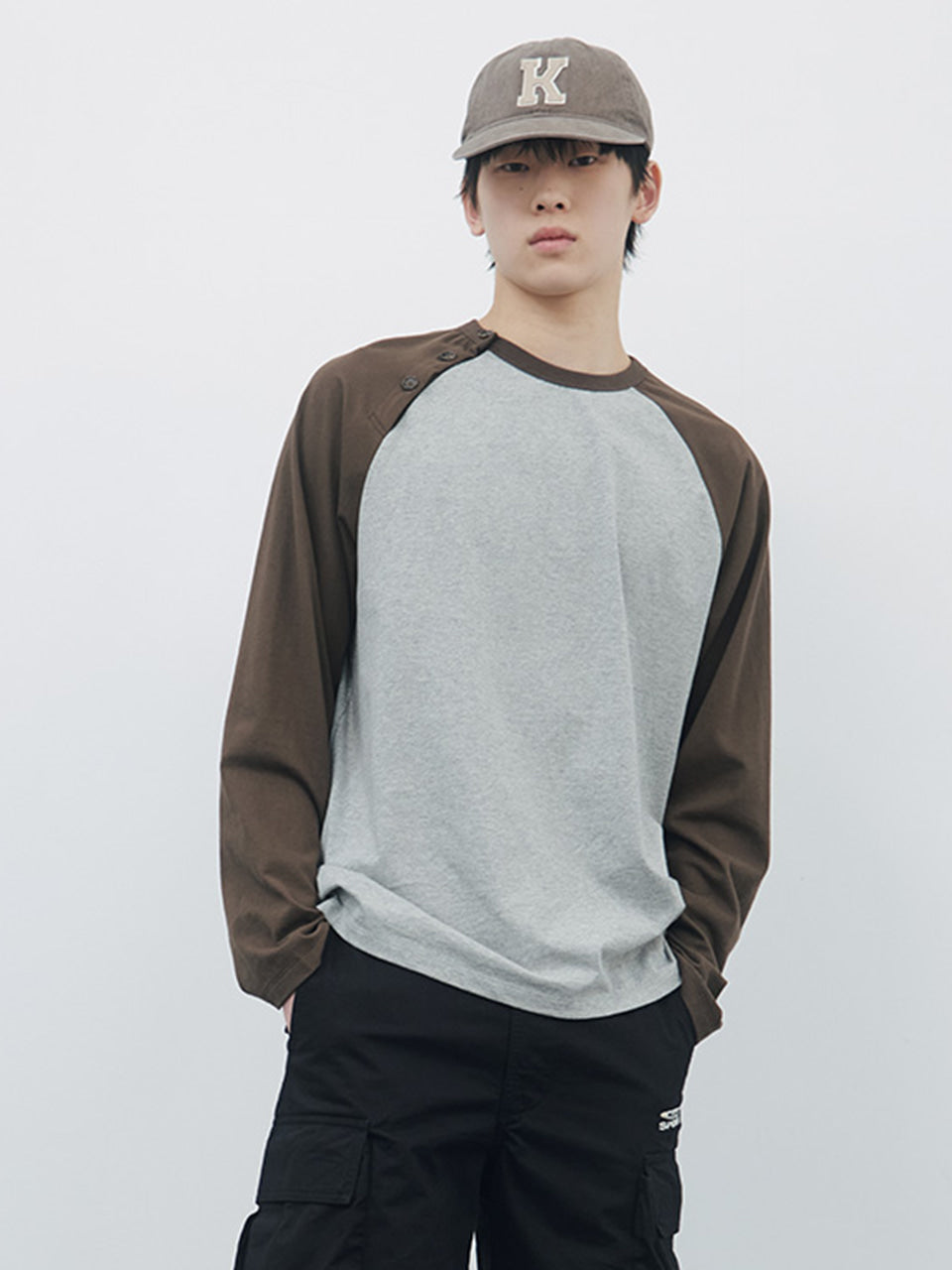 Kijun - Button Open Raglan Tee (Khaki Brown) product image 1 | TRAB K-Fashion Australia