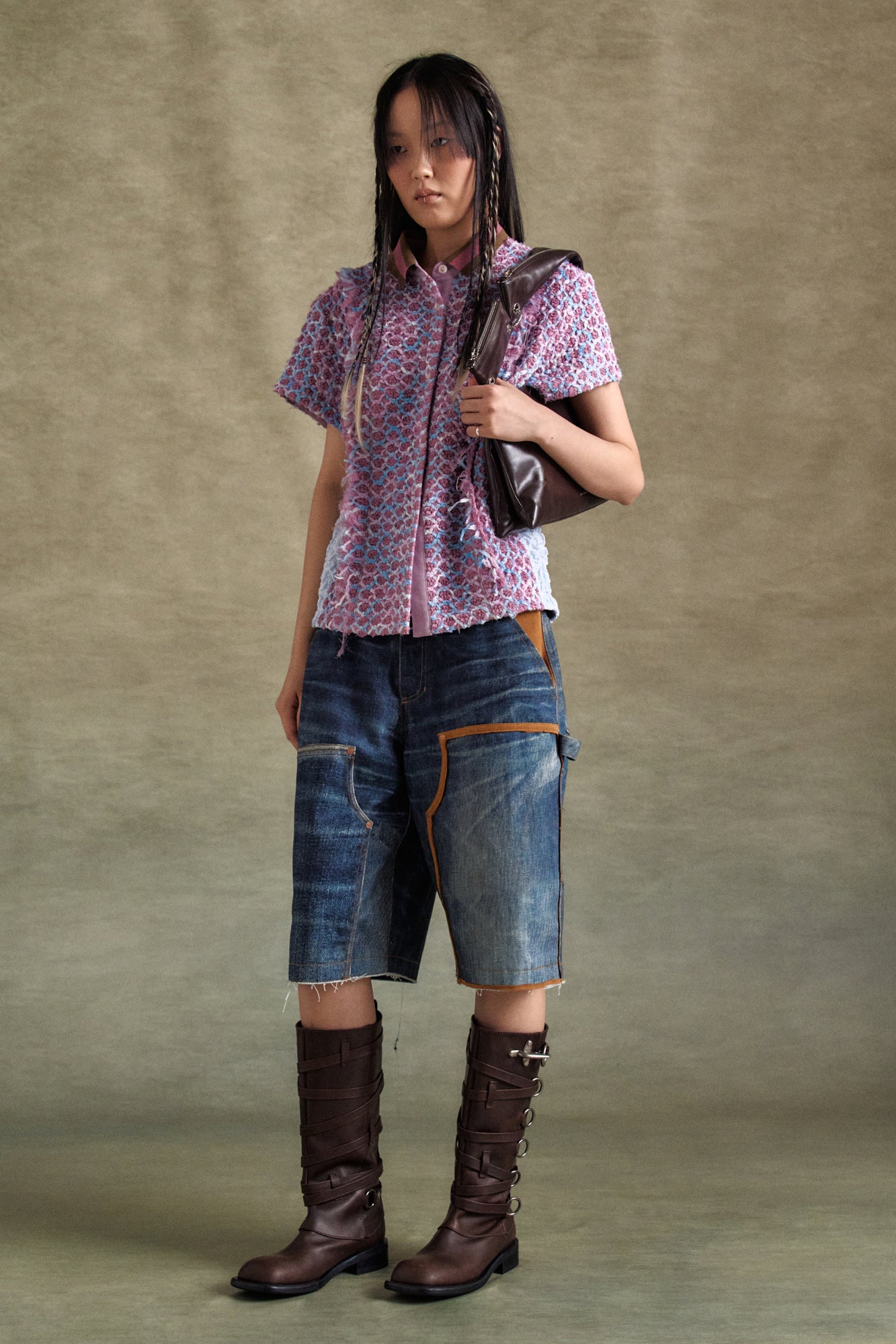 Andersson Bell - Unisex Denim Trompe L`oeil Double Knee Shorts (Blue) product image 8 | TRAB K-Fashion Australia