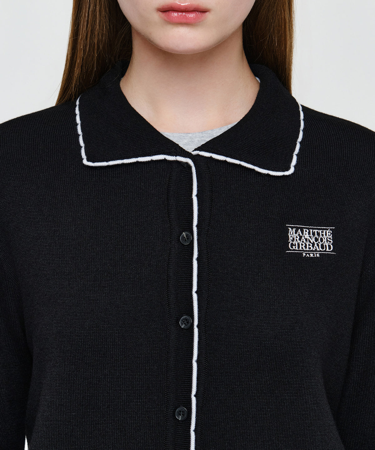 Marithe & Francois Girbaud - Small Classic Logo Collar Lace Trimming Cardigan (Black) product image 4 | TRAB K-Fashion Australia