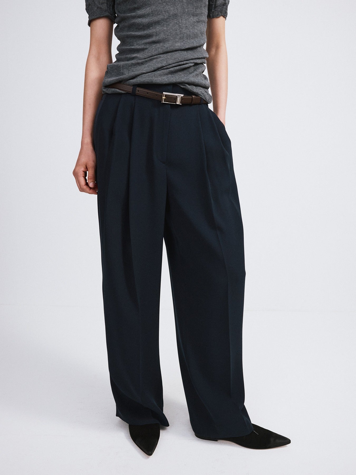 Recto - Tuxedo Detail Fluid Suit Pants (Dark Navy) product image 1 | TRAB K-Fashion Australia