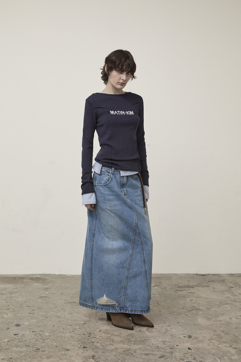 Matin Kim - Damage Point Long Denim Skirt (Blue) product image 9 | TRAB K-Fashion Australia