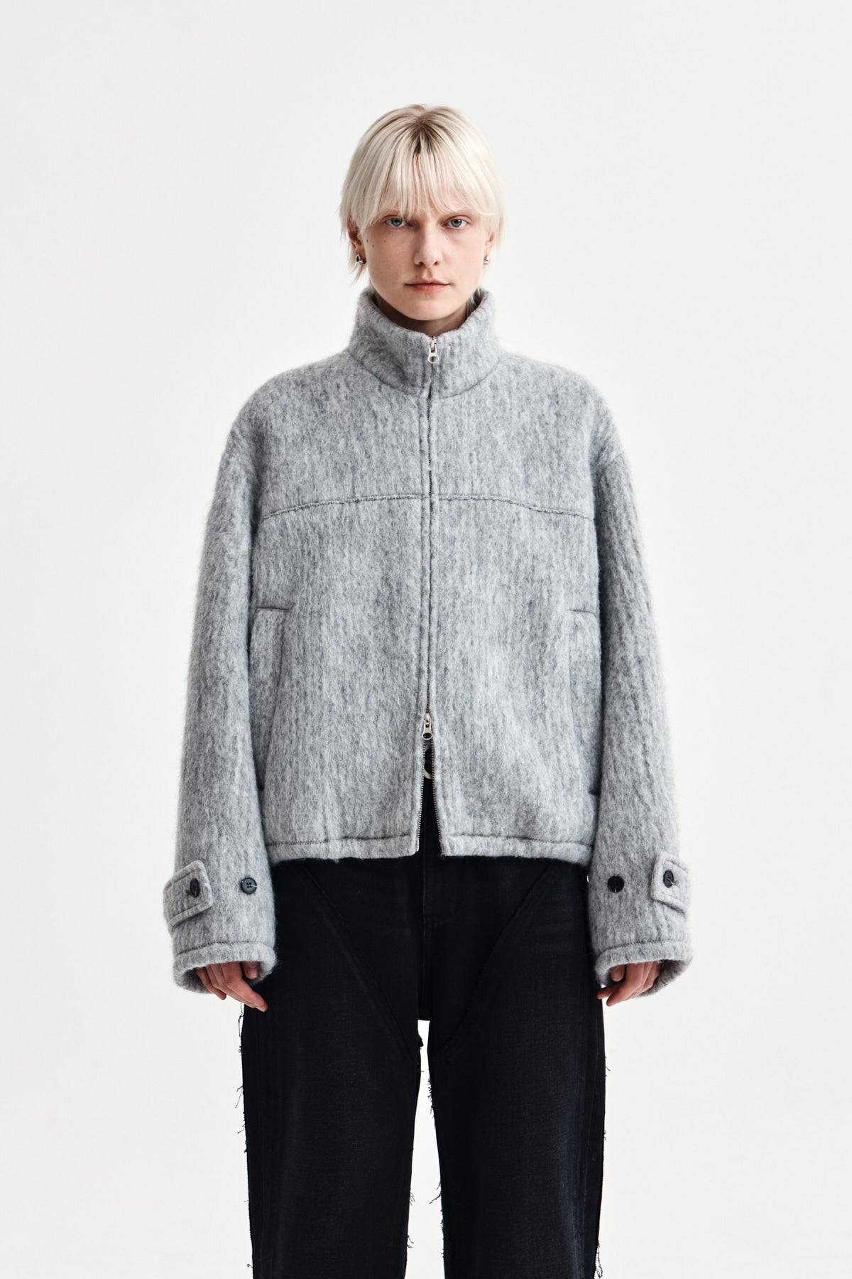 Matin Kim - Hairy High Neck Zip Up Jumper (Light Grey) product image 1 | TRAB K-Fashion Australia