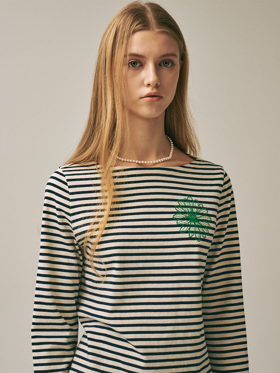 Mardi Mercredi - Slim Tshirt 3/4 Sleeve Stripe (Ivory Green) product image 1 | TRAB K-Fashion Australia