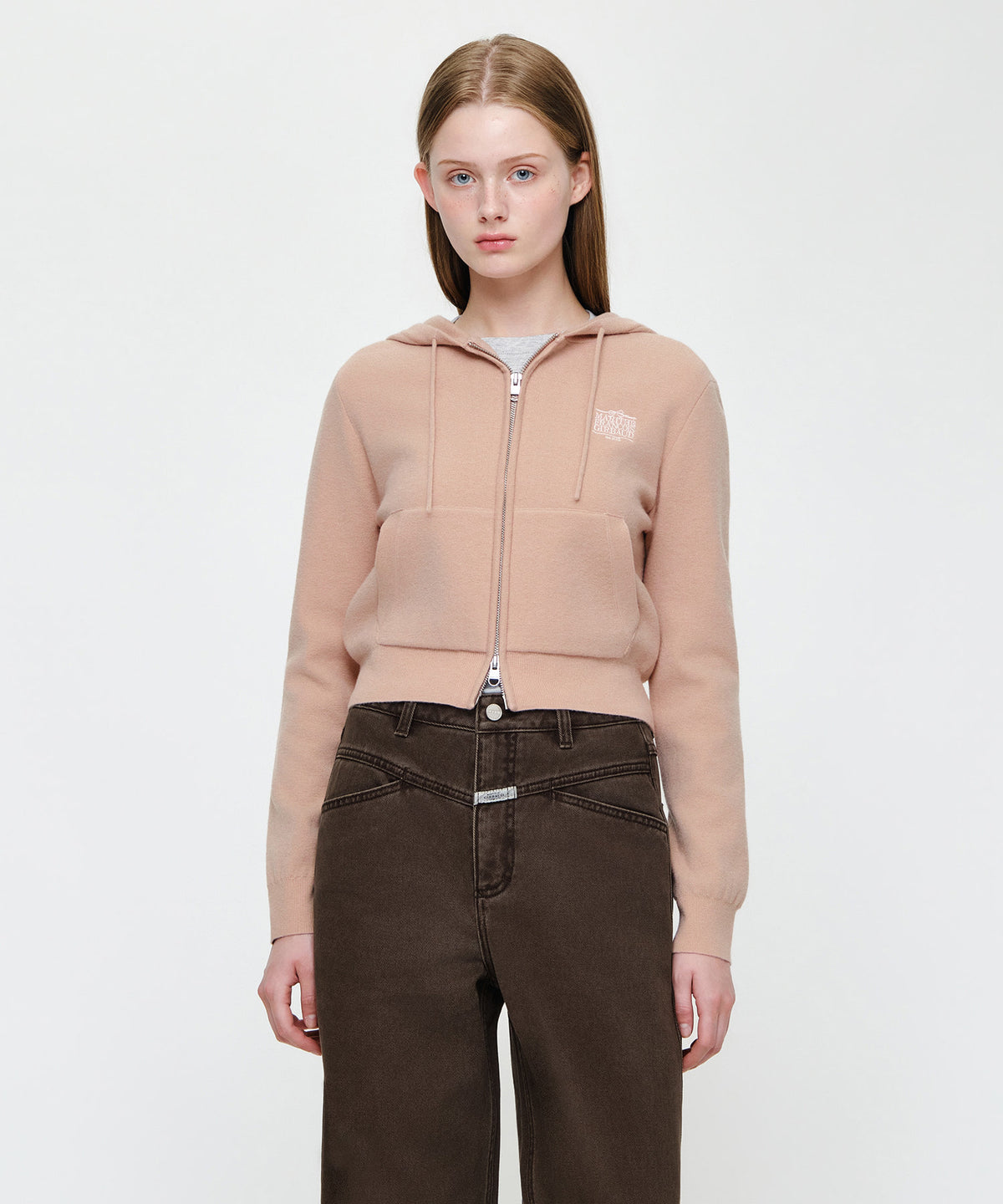 Marithe & Francois Girbaud - Ribbon Classic Logo Crop Knit Hoodie Zipup (Dark Pink) product image 1 | TRAB K-Fashion Australia
