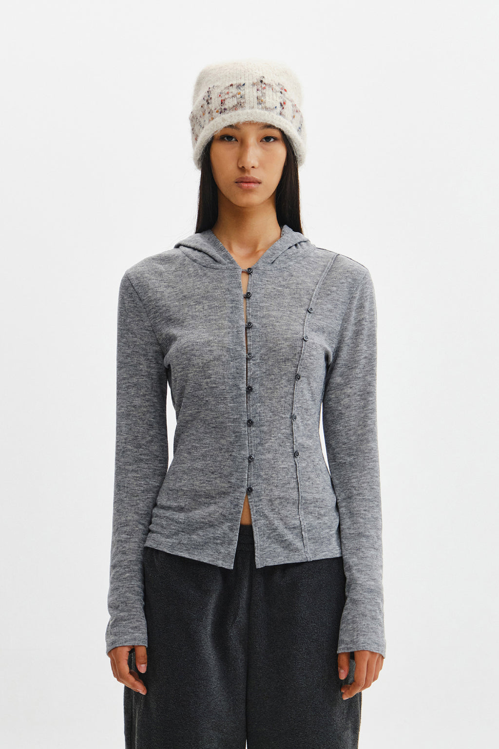 Matin Kim - Double Layer Button Hood Top (Grey) product image 13 | TRAB K-Fashion Australia