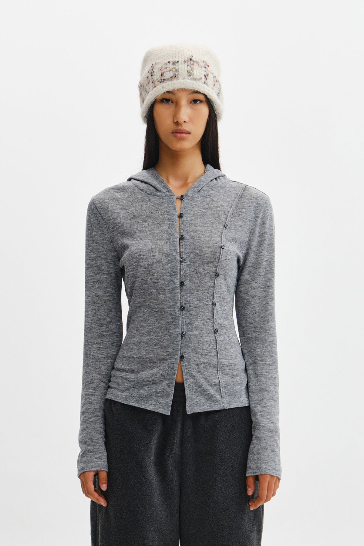 Matin Kim - Double Layer Button Hood Top (Grey) product image 13 | TRAB K-Fashion Australia