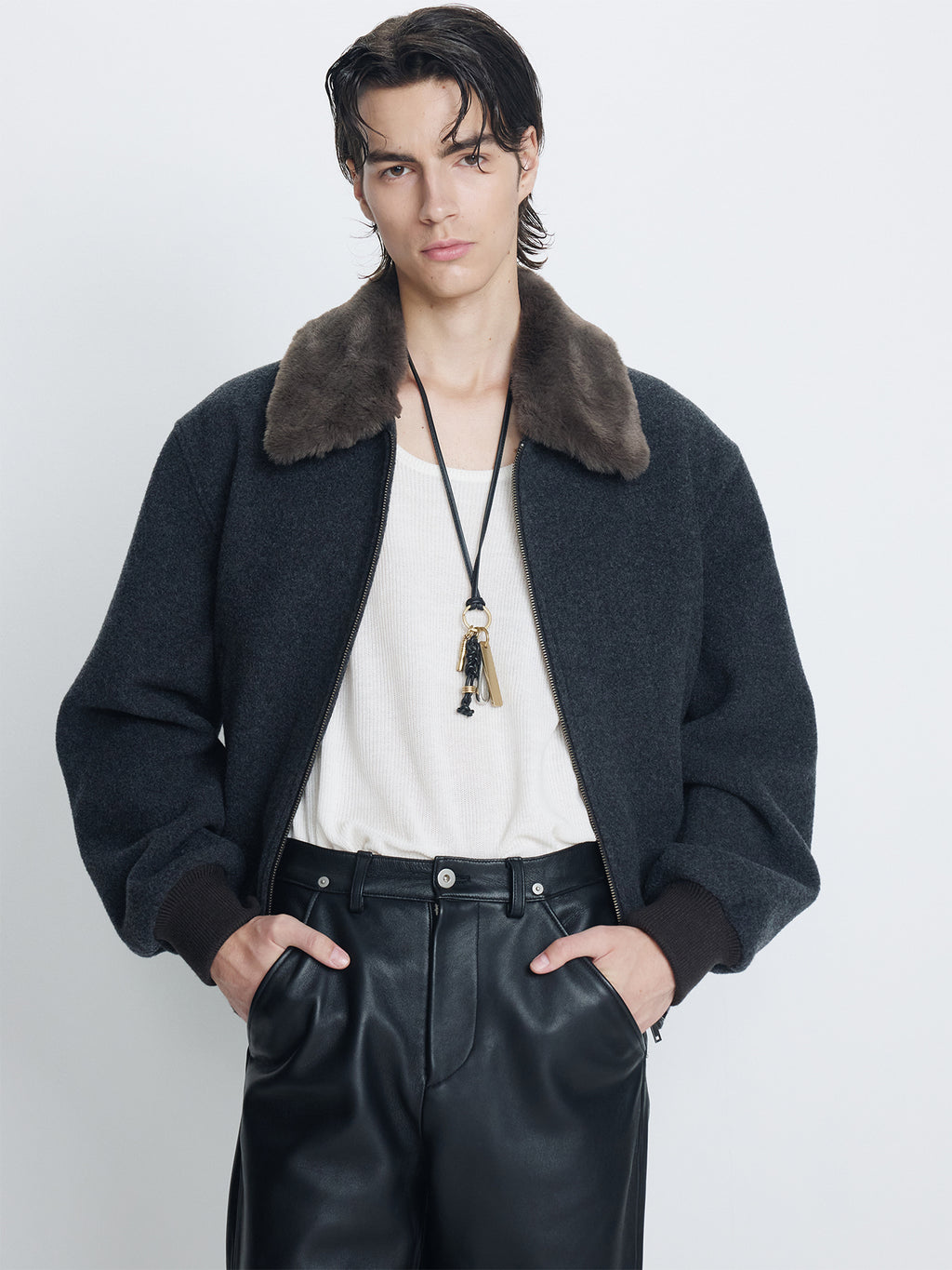 Tonywack - Brushed Wool Flannel Shearling Blouson (Charcoal Anthracite) product image 3 | TRAB K-Fashion Australia