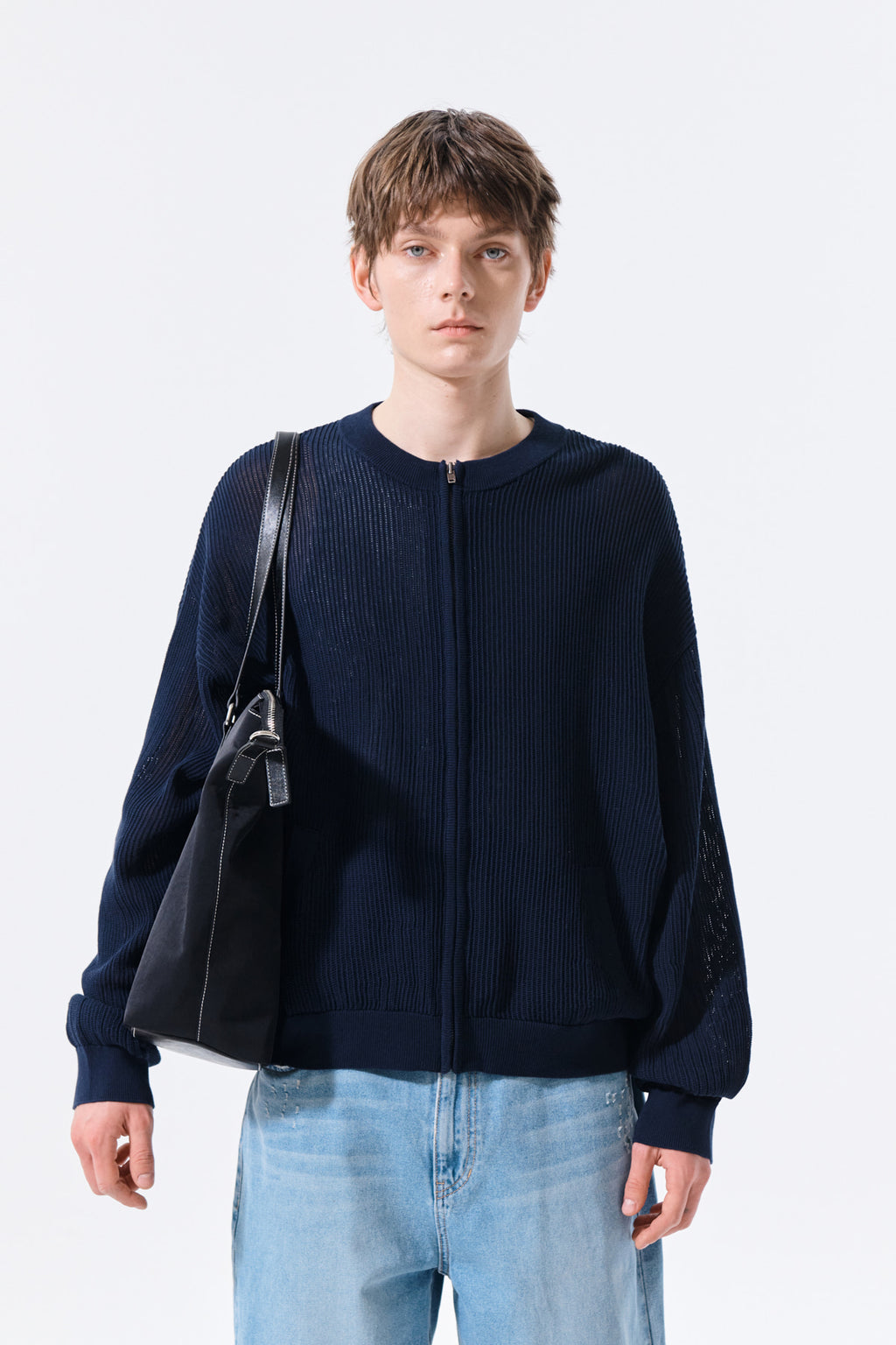 Matin Kim - Back Logo Jacquard Mesh Knit Zip Up (Navy) product image 12 | TRAB K-Fashion Australia