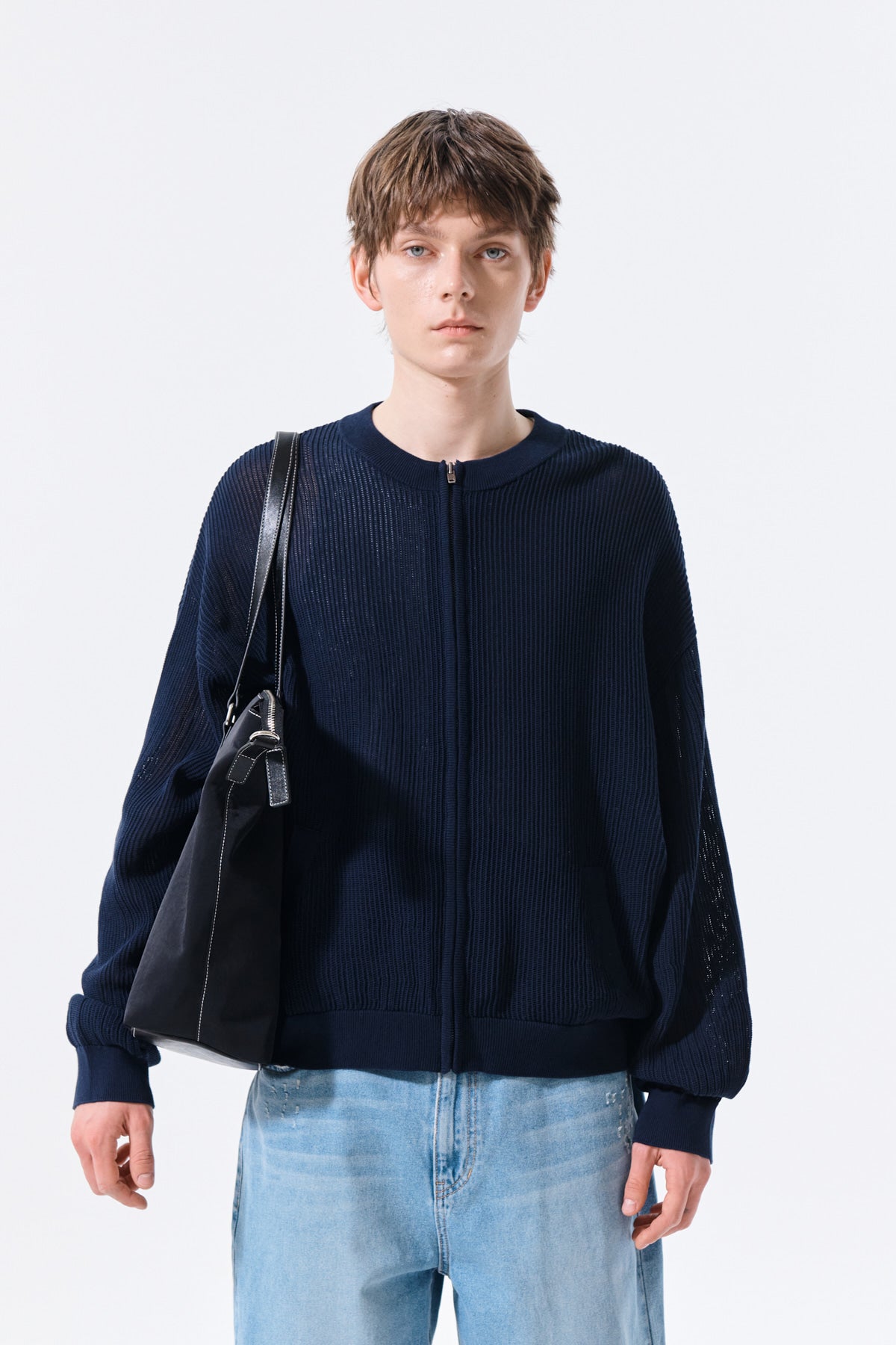 Matin Kim - Back Logo Jacquard Mesh Knit Zip Up (Navy) product image 12 | TRAB K-Fashion Australia