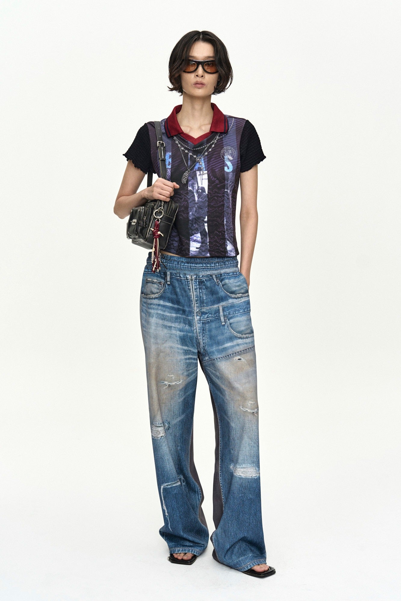 Andersson Bell - [Pre-Order – Ships September 7] Denim & Cargo Trompe L'oeil Mesh Pants (Mid Blue/Khaki) product image 1 | TRAB K-Fashion Australia