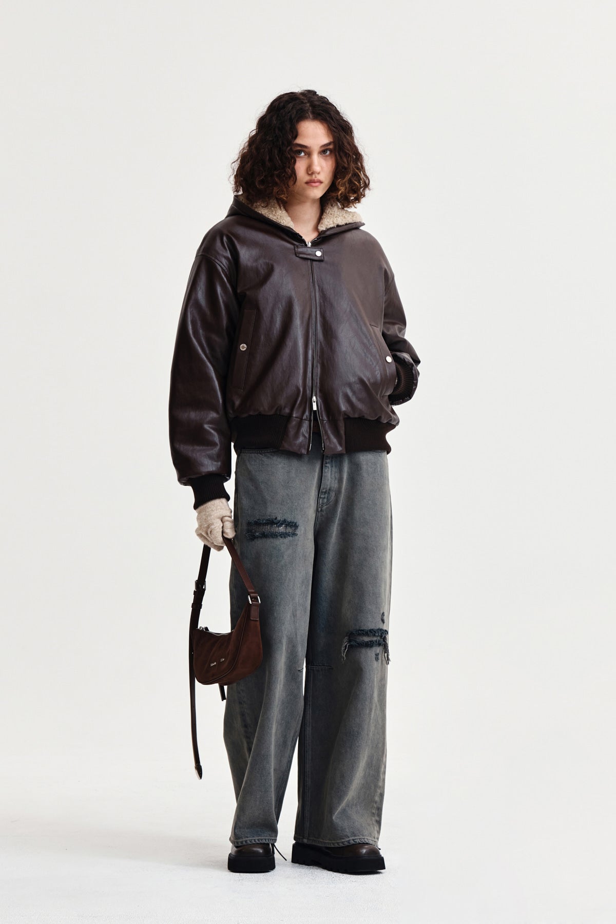 Matin Kim - Faux Leather Zip Up Hoody (Brown) product image 8 | TRAB K-Fashion Australia