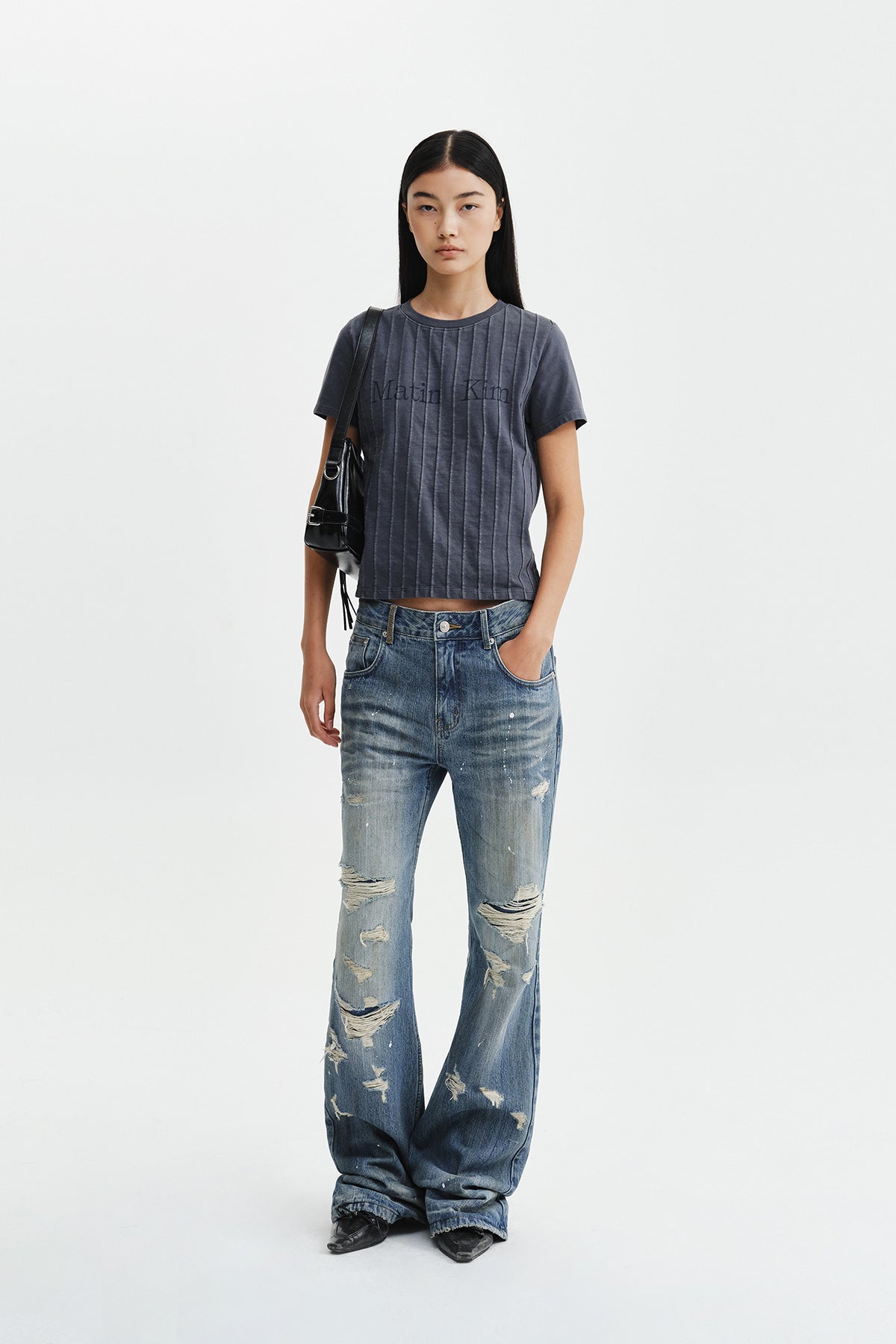 Matin Kim - Washed Logo Full Pintuck Top (Smoke Blue) product image 9 | TRAB K-Fashion Australia