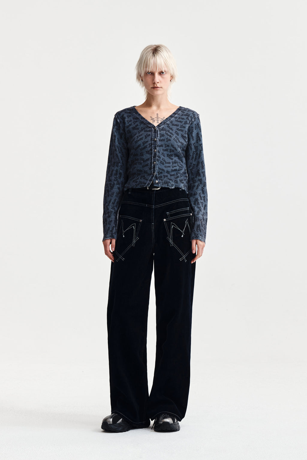 Matin Kim - All Over Logo Crop Cardigan (Navy) product image 9 | TRAB K-Fashion Australia