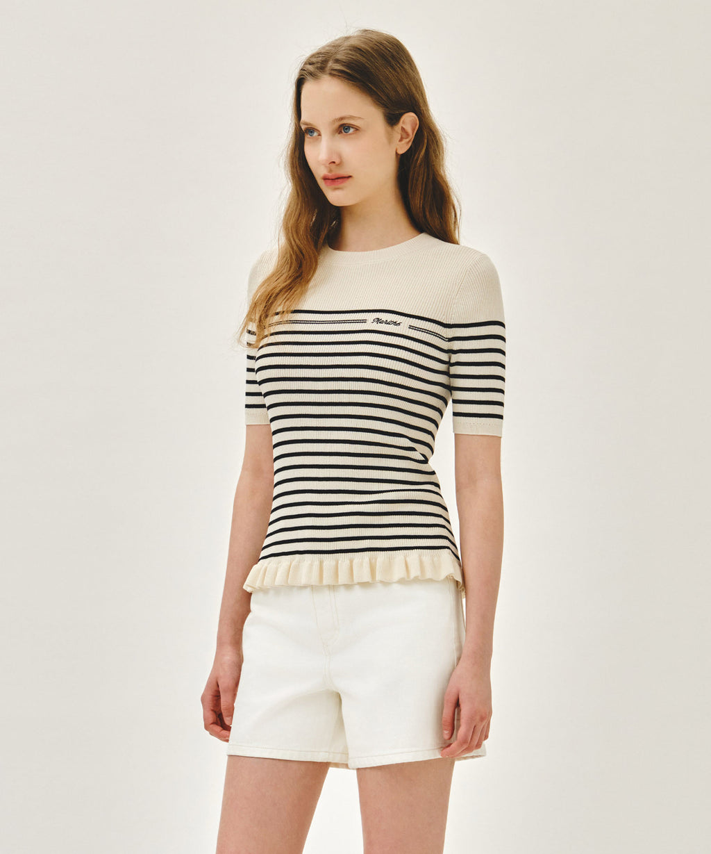 Marithe & Francois Girbaud - Ruffle Point Stripe Half Knit Pullover (Beige) product image 2 | TRAB K-Fashion Australia