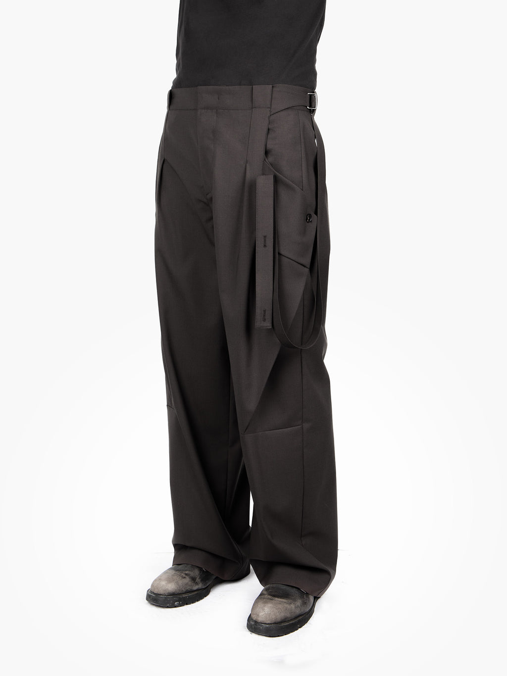 Jiyong Kim - Strap Detailed Wide Trousers (Brown) product image 2 | TRAB K-Fashion Australia