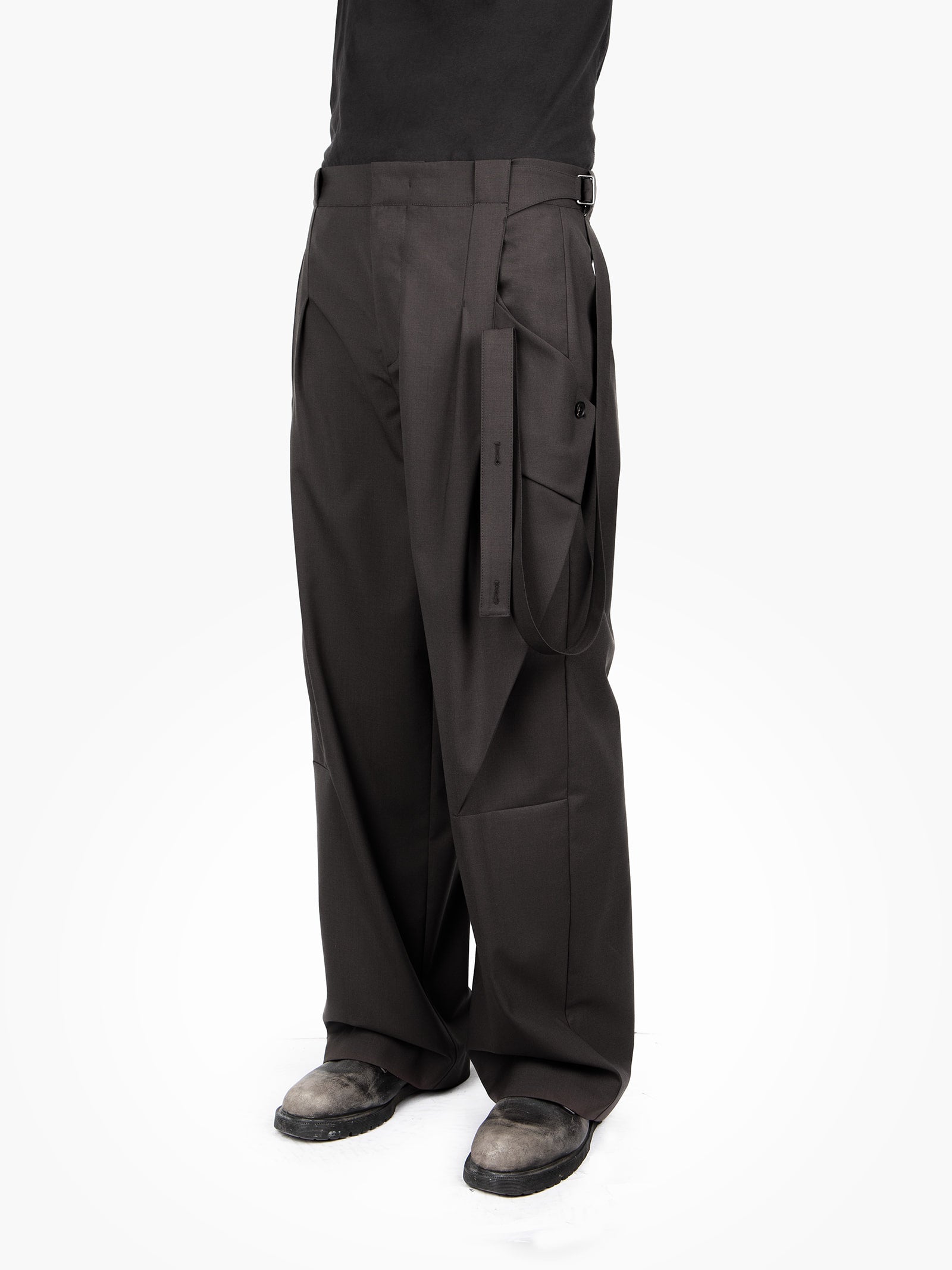 Jiyong Kim - Strap Detailed Wide Trousers (Brown) product image 2 | TRAB K-Fashion Australia