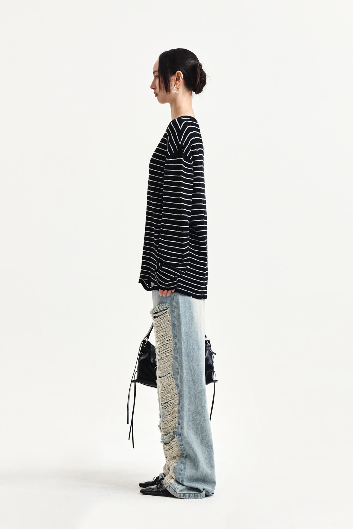 Matin Kim - Stripe Damaged Loose Pullover (Black) product image 6 | TRAB K-Fashion Australia