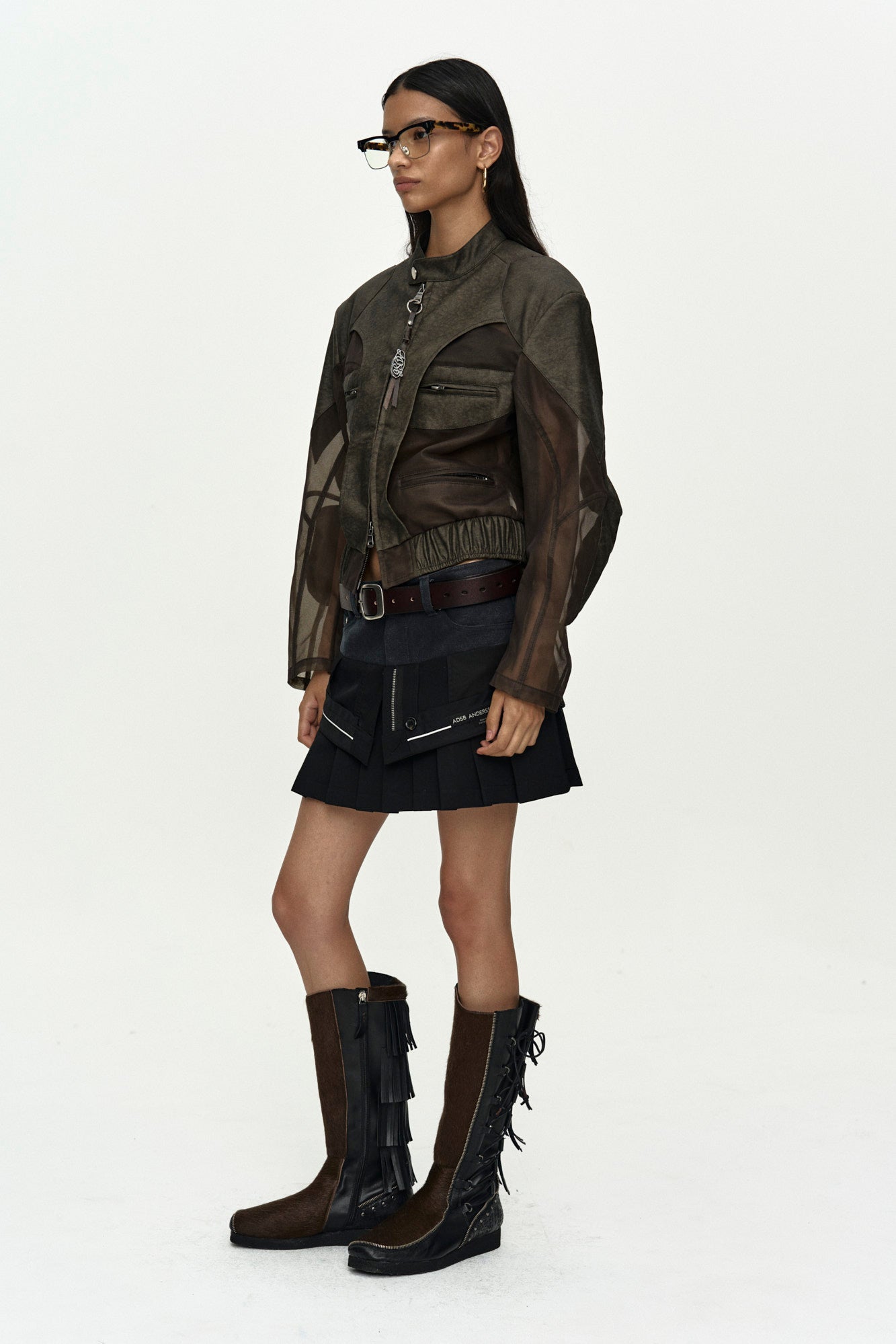 Andersson Bell - Kelly Faux-Leather & Sheer Rider Jacket (Khaki) product image 3 | TRAB K-Fashion Australia