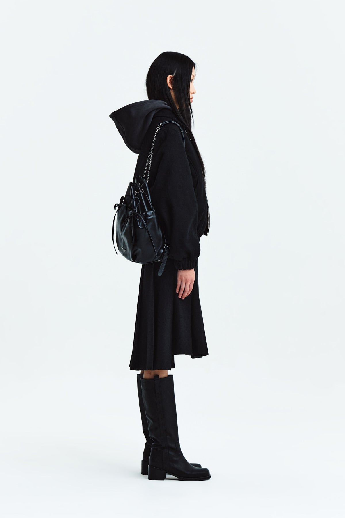 Matin Kim - Unbalance Pleats Midi Skirt (Black) product image 6 | TRAB K-Fashion Australia