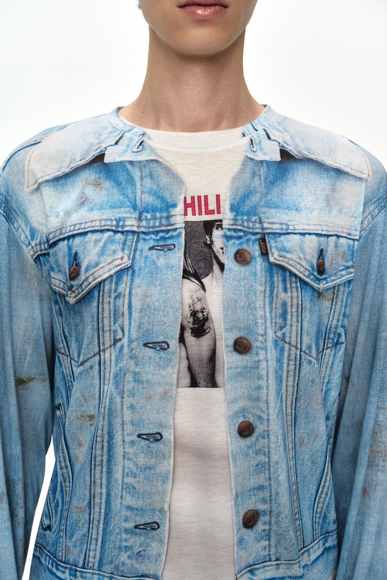 Andersson Bell - Unisex Denim Jacketed Trompe-L’oeil L/s T-Shirt (Blue/White) product image 3 | TRAB K-Fashion Australia