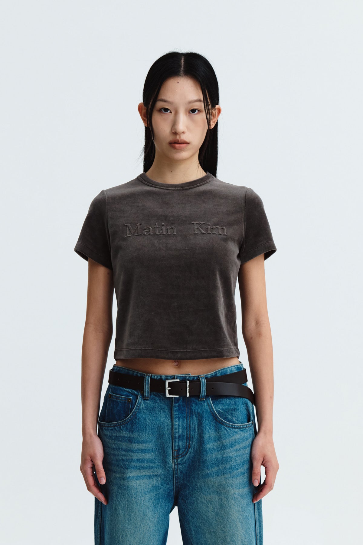 Matin Kim - Logo Emboss Velvet Crop Top (Khaki) product image 5 | TRAB K-Fashion Australia
