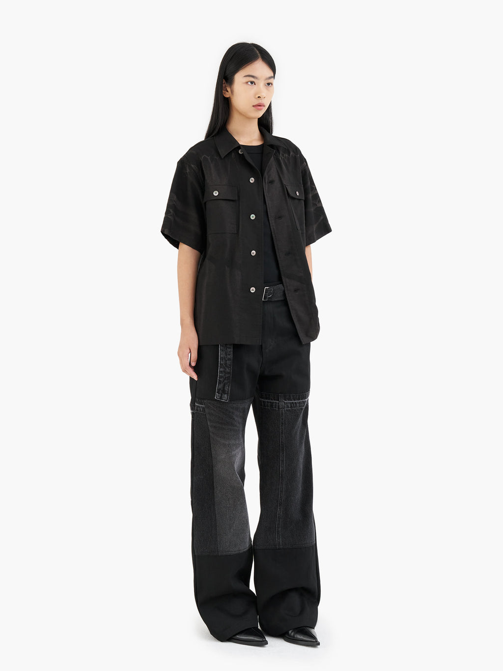 Jiyong Kim - Sun-Bleached Tailored Collar Half Sleeve Shirt (Black) product image 4 | TRAB K-Fashion Australia