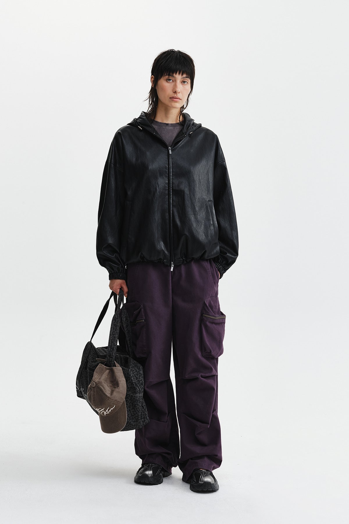 Matin Kim - Faux Leather Applique Logo Hoody Jumper (Black) product image 7 | TRAB K-Fashion Australia