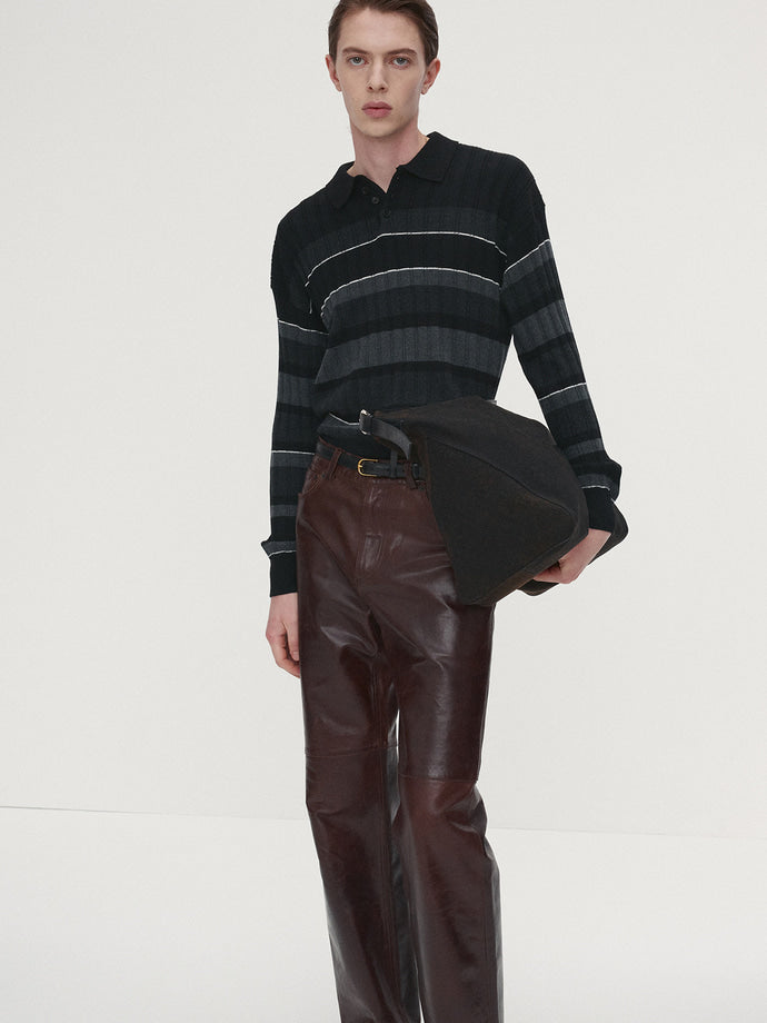 Tonywack - Super Fine Wool Ribbed Stripe Polo Knit (Black/Grey) product image 3 | TRAB K-Fashion Australia