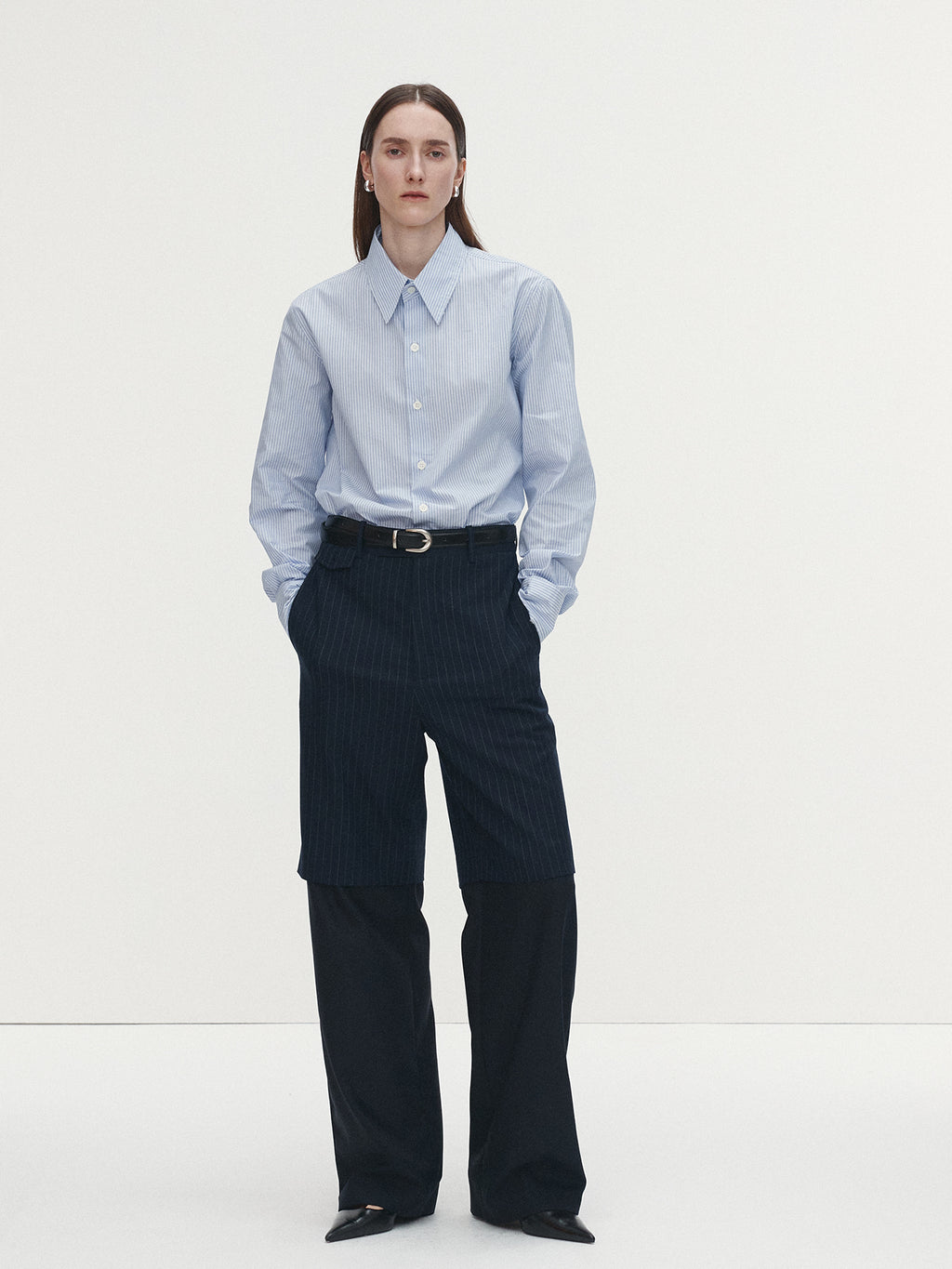 Tonywack - Striped Wool Layered Trousers (Navy Pinstripe) product image 6 | TRAB K-Fashion Australia