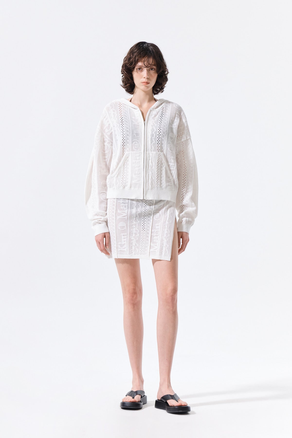 Matin Kim - Mesh Logo Knit Hoody Zip Up (White) product image 9 | TRAB K-Fashion Australia