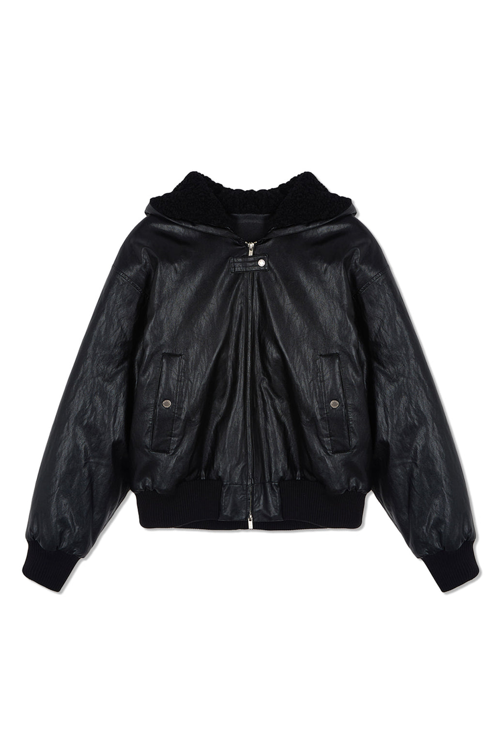 Matin Kim - Faux Leather Zip Up Hoody (Black) product image 10 | TRAB K-Fashion Australia