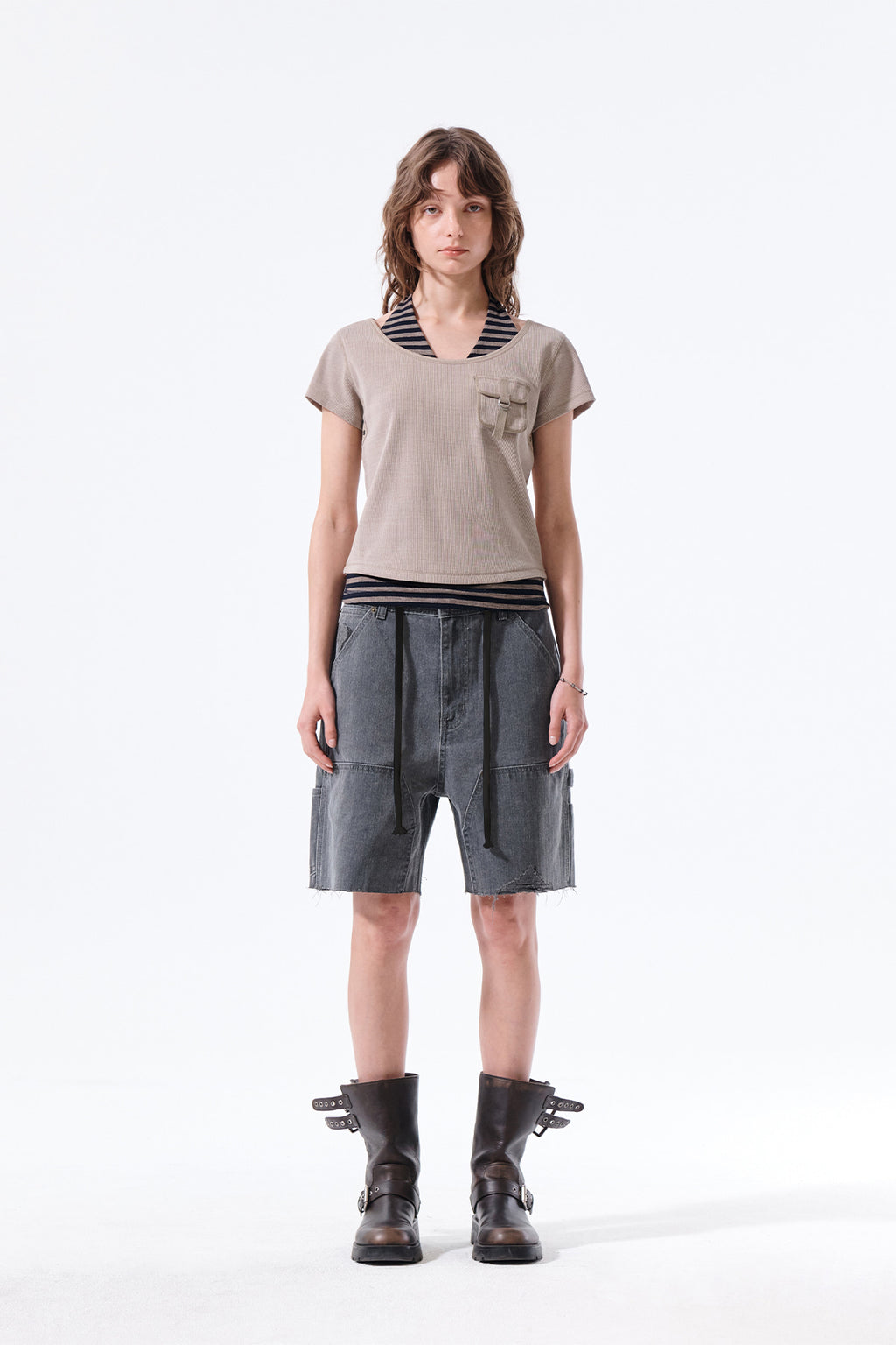 Matin Kim - Heringbone Raw Cut Denim Shorts (Grey) product image 7 | TRAB K-Fashion Australia