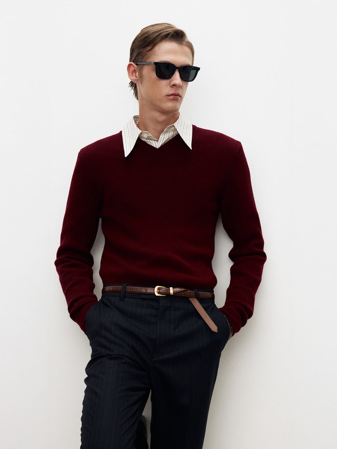 Tonywack - Super Fine Wool Ribbed V-Neck Sweater (Maroon) product image 6 | TRAB K-Fashion Australia