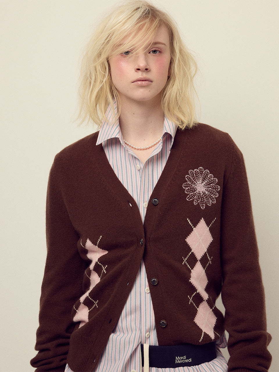 Mardi Mercredi - Cashmere Blended Cardigan V Neck Argyle (Chocolate Pink) product image 1 | TRAB K-Fashion Australia